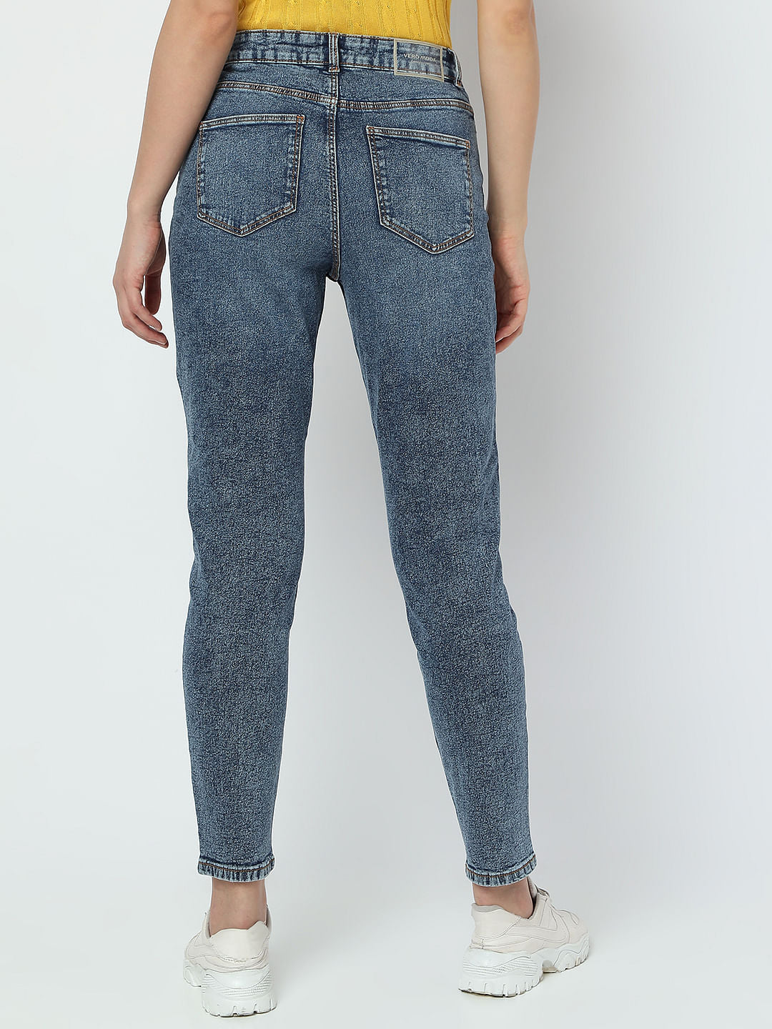 Blue High Rise Distressed Mom Fit Jeans