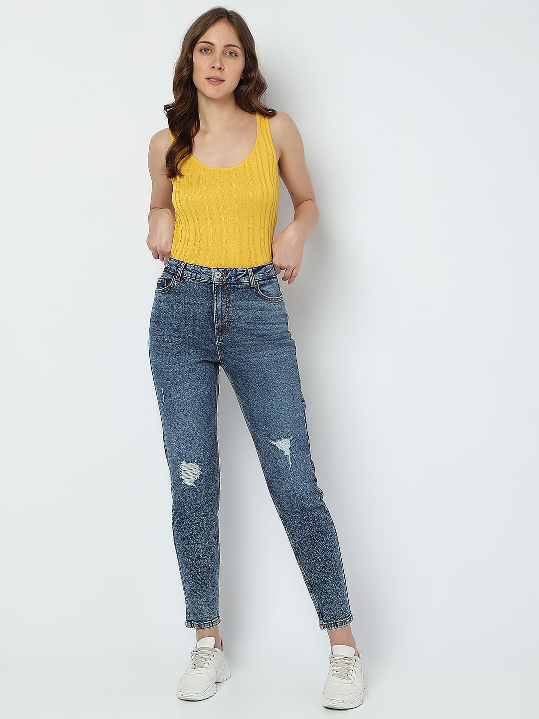 Blue High Rise Distressed Mom Fit Jeans
