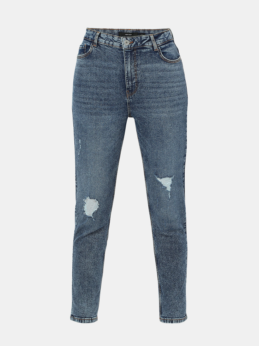 Blue High Rise Distressed Mom Fit Jeans