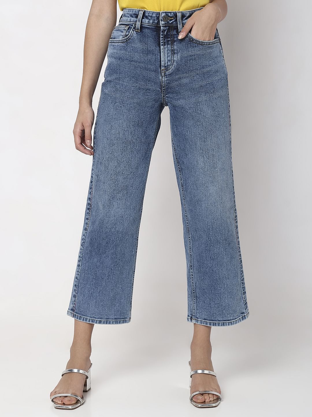 Blue High Rise Washed Jade Straight Fit Jeans