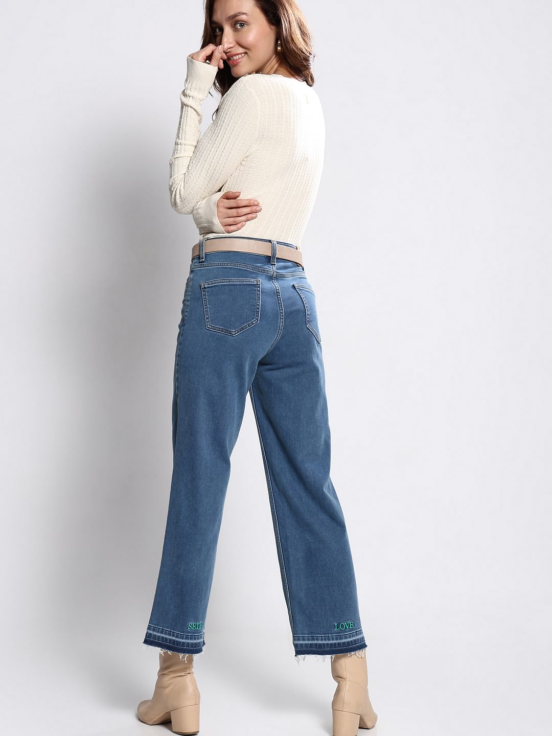 Blue High Rise Washed Jade Straight Fit Jeans