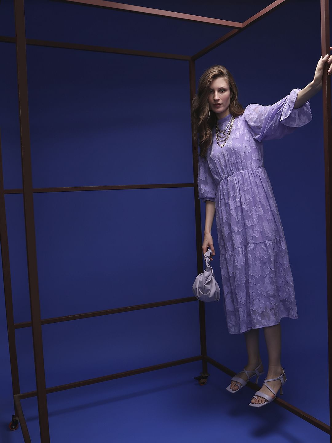 Purple Floral Textured Midi Dress