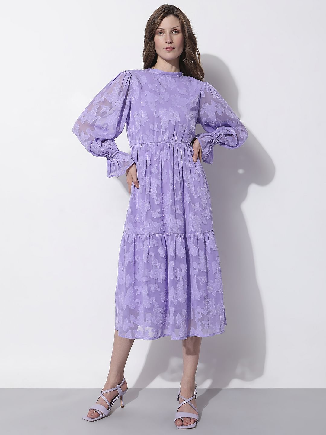 Purple Floral Textured Midi Dress