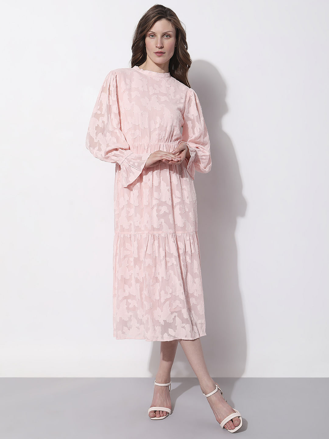 Pink Floral Textured Midi Dress