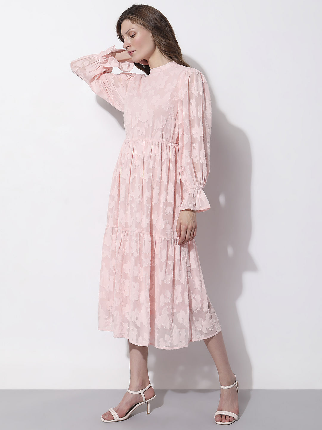 Pink Floral Textured Midi Dress