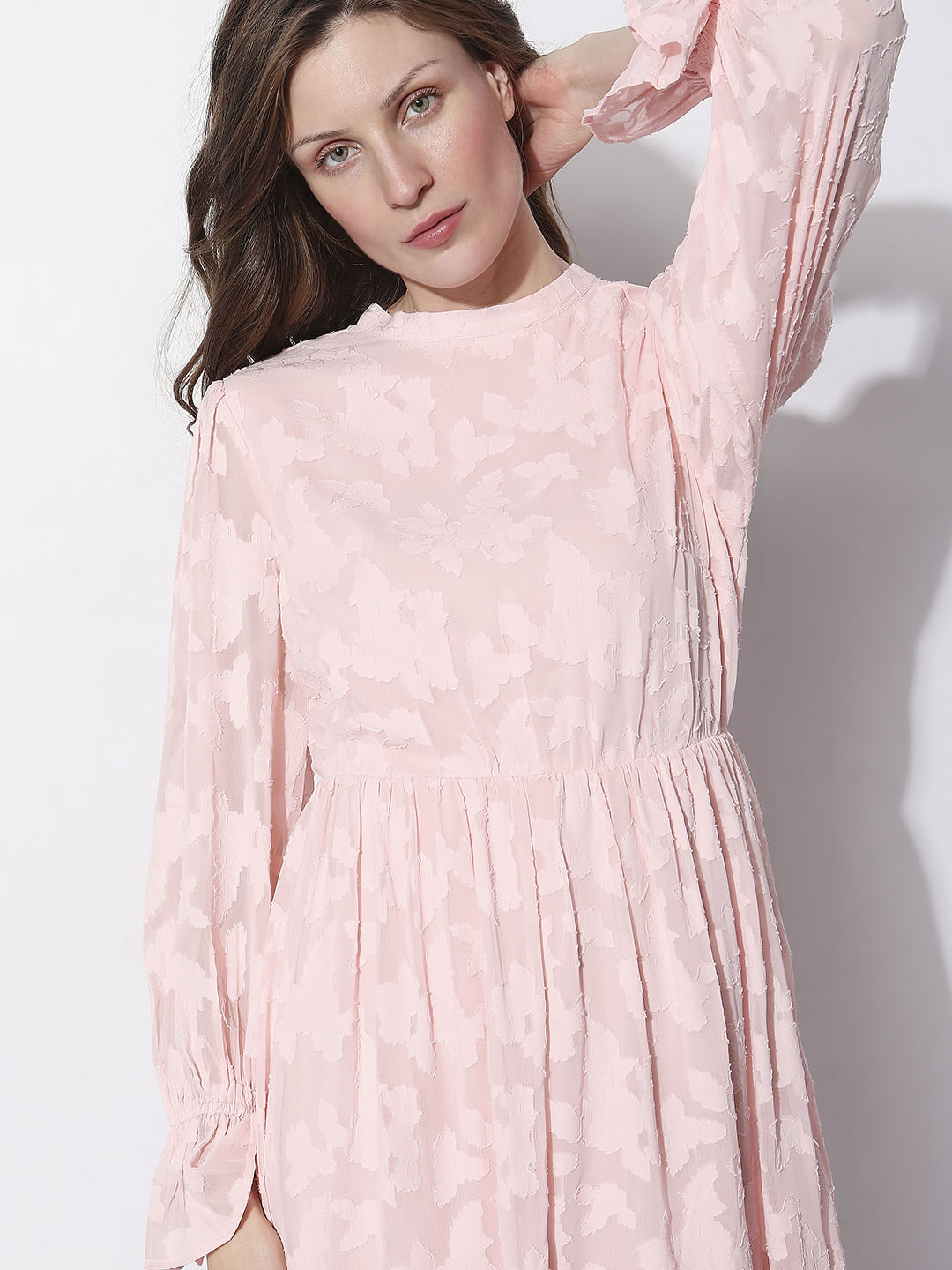 Pink Floral Textured Midi Dress