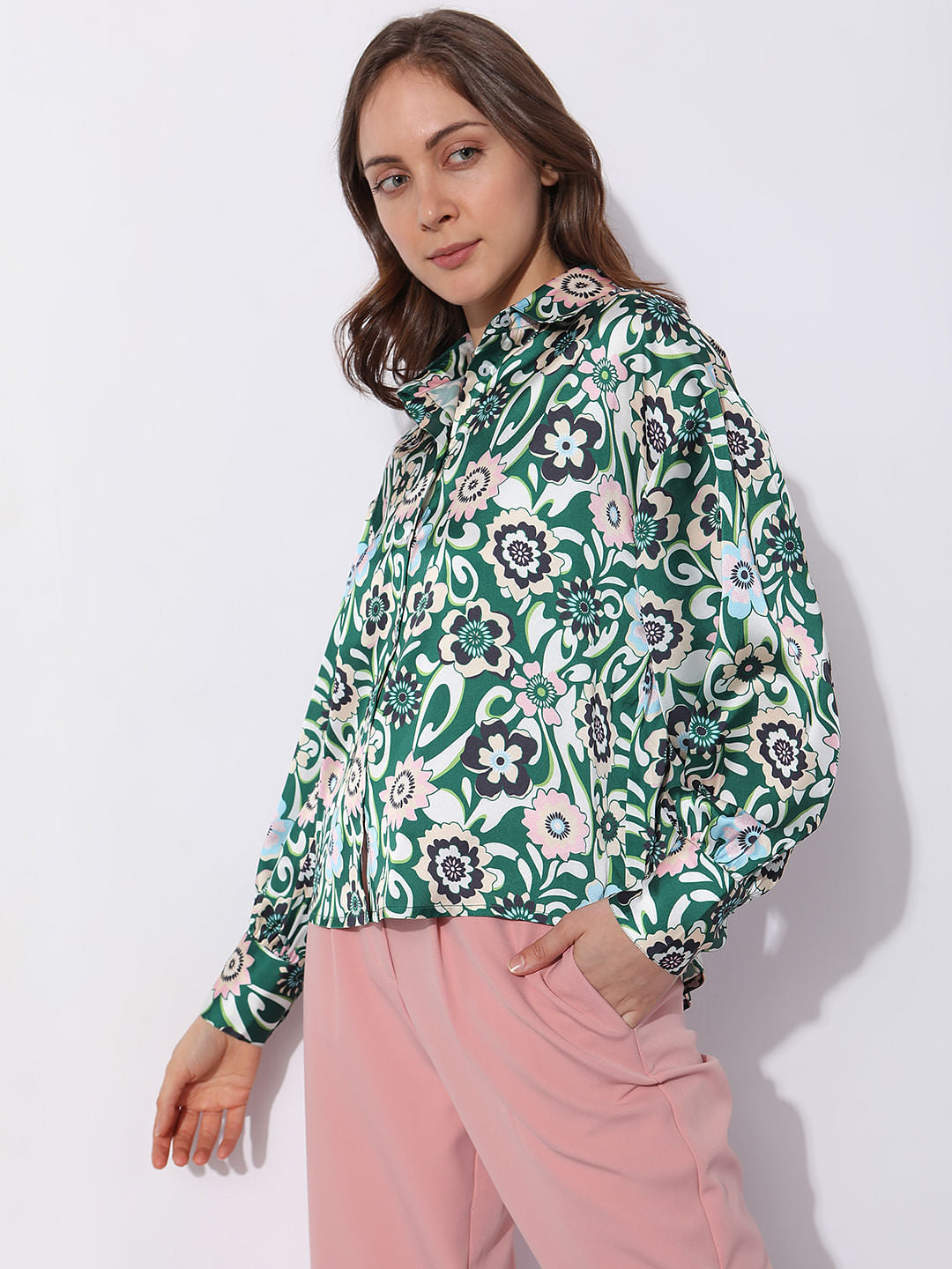 Green Abstract Print Satin Shirt