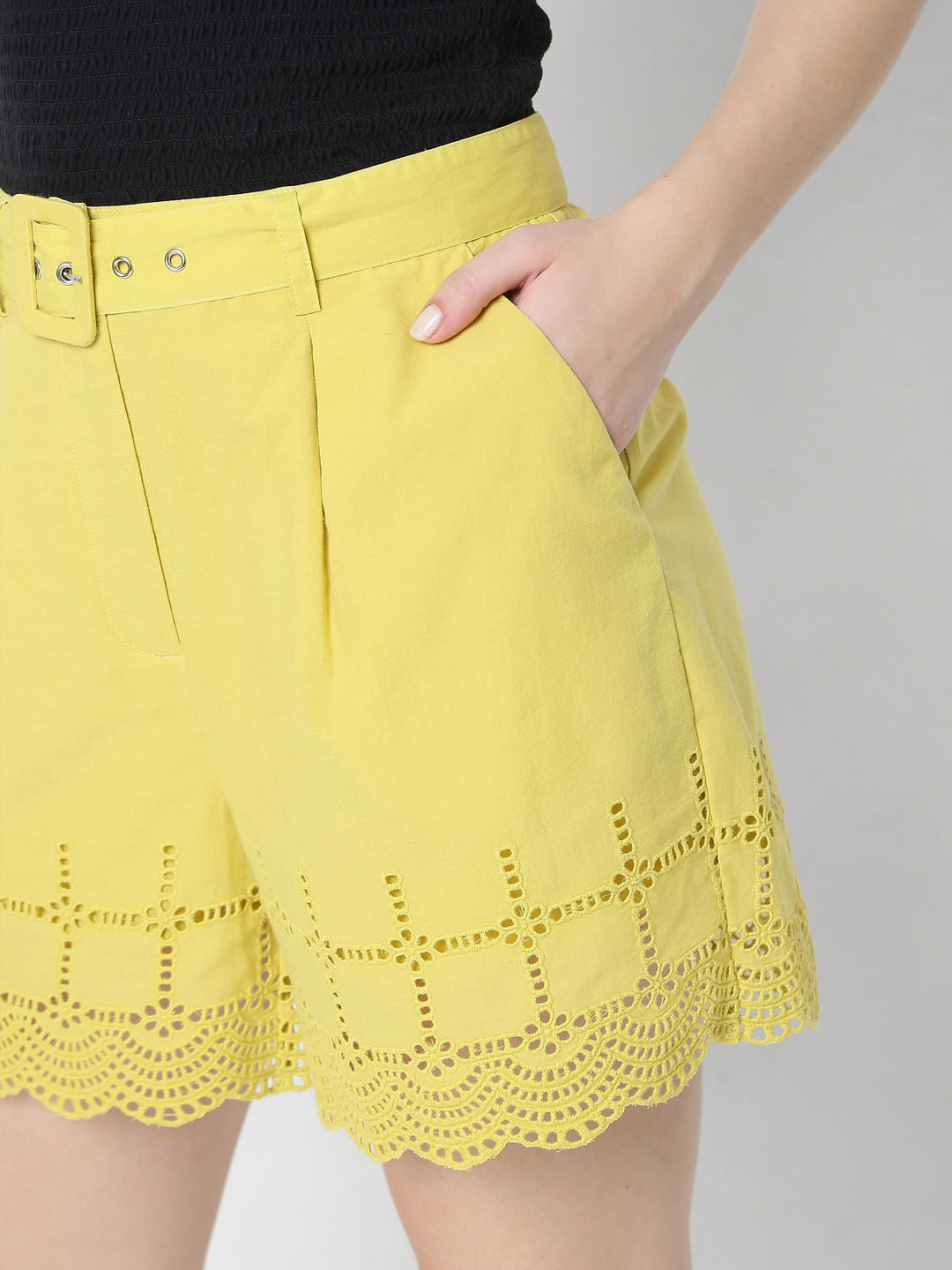 Yellow Schiffli Shorts