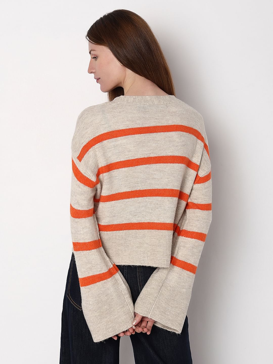 Beige Striped Wide Sleeves Cardigan