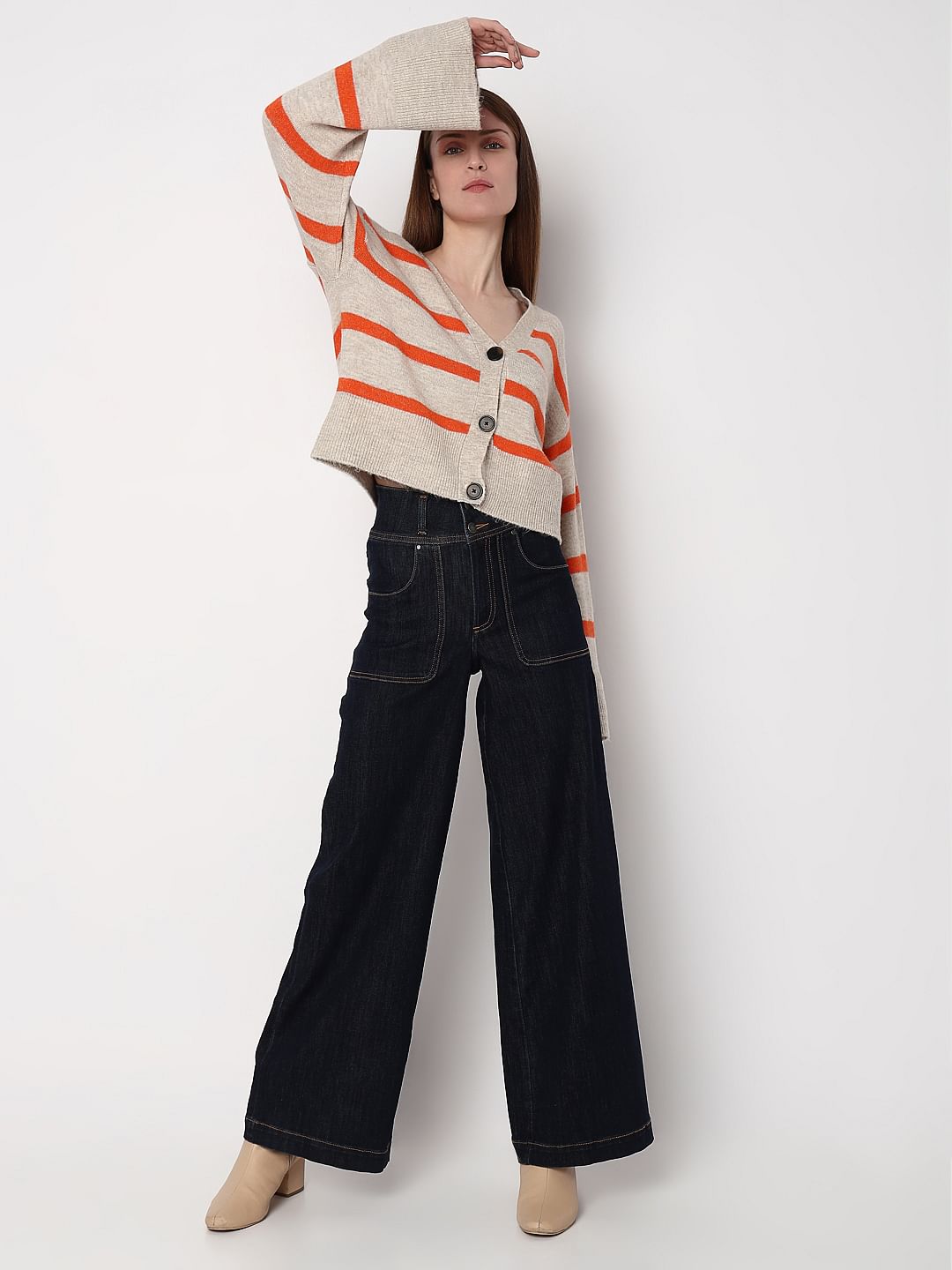 Beige Striped Wide Sleeves Cardigan