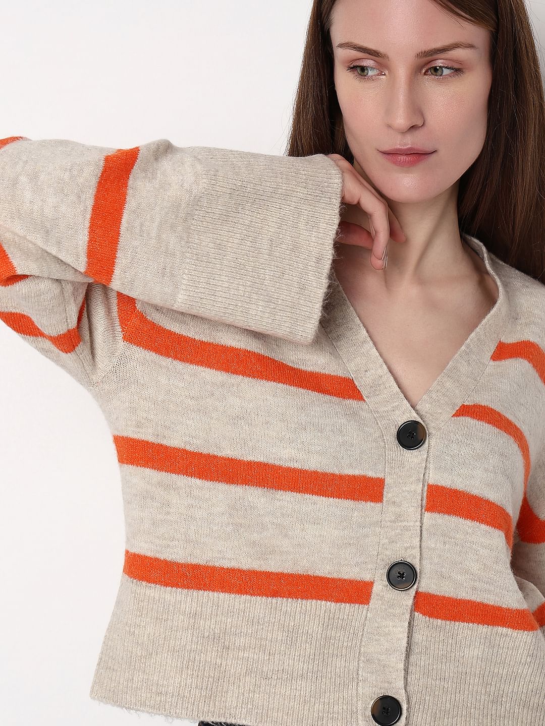Beige Striped Wide Sleeves Cardigan