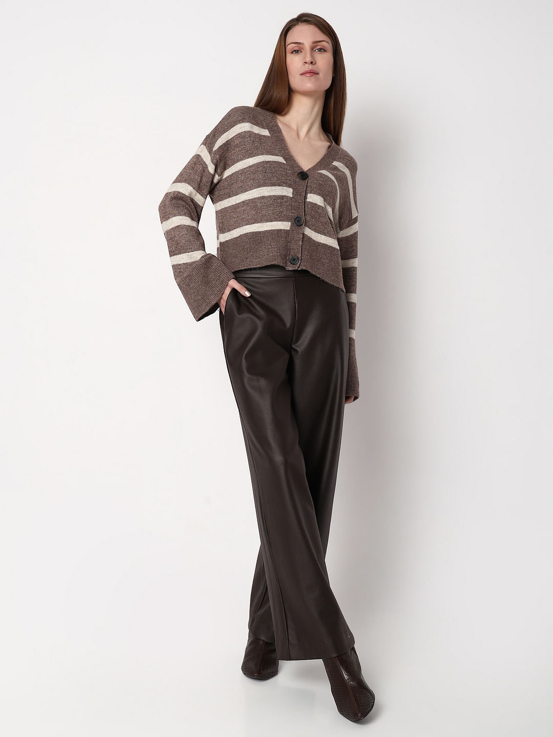 Brown Striped Wide Sleeves Cardigan