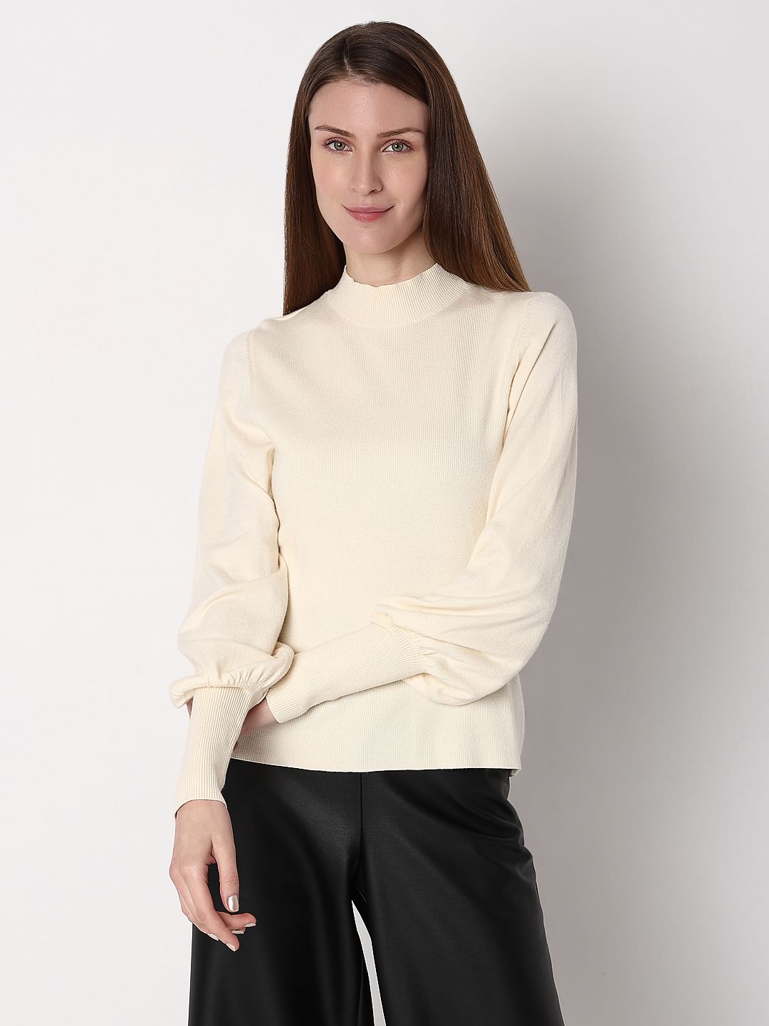 Cream High Neck Slim Fit Pullover