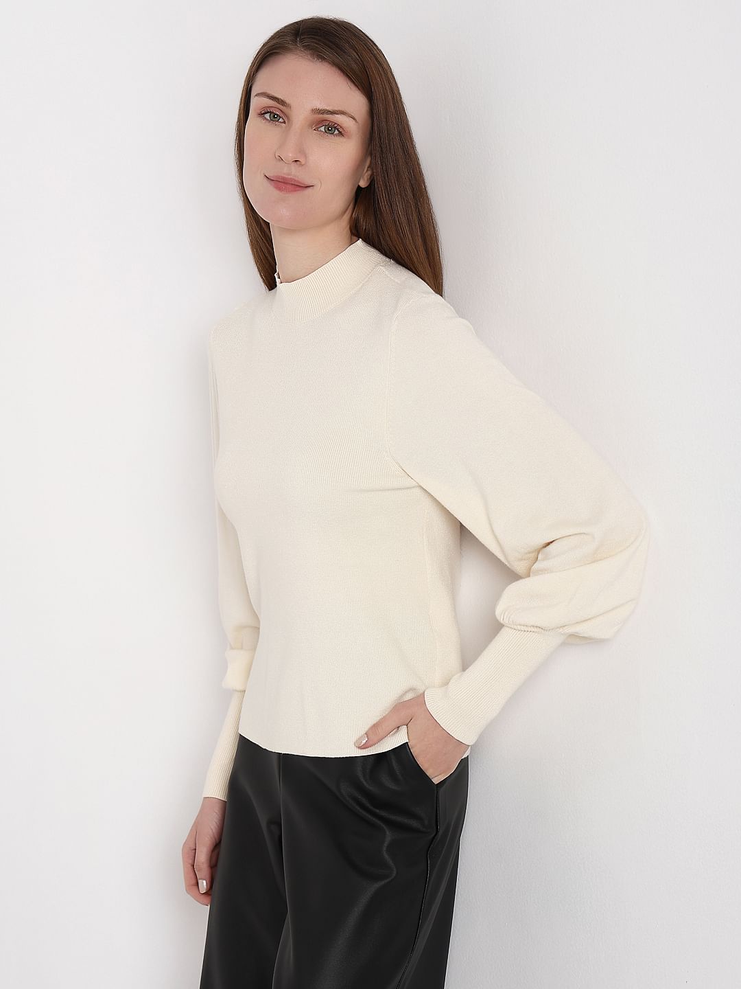 Cream High Neck Slim Fit Pullover