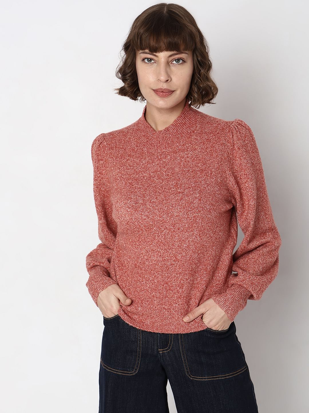 Red High Neck Melange Yarn Pullover