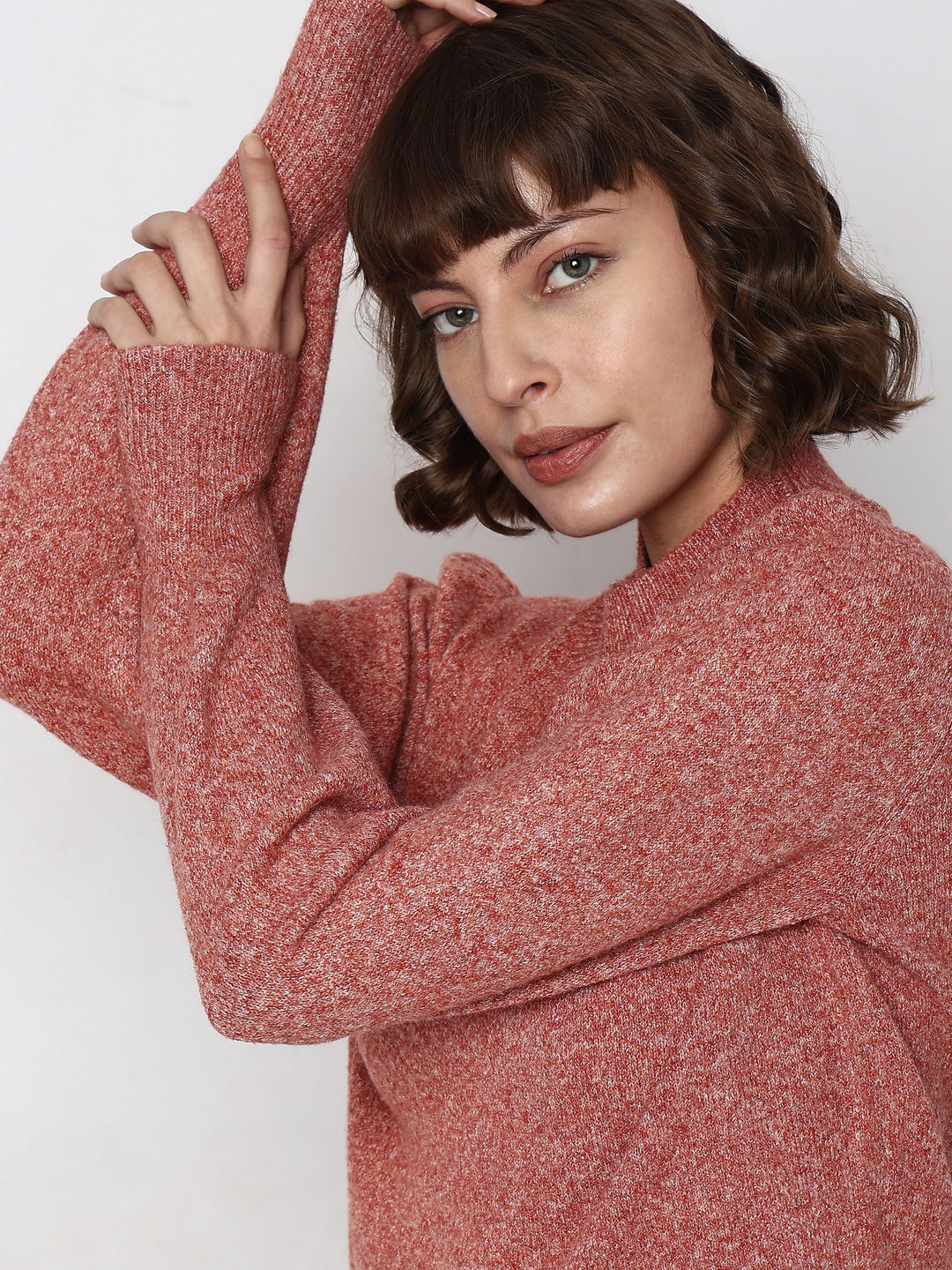 Red High Neck Melange Yarn Pullover