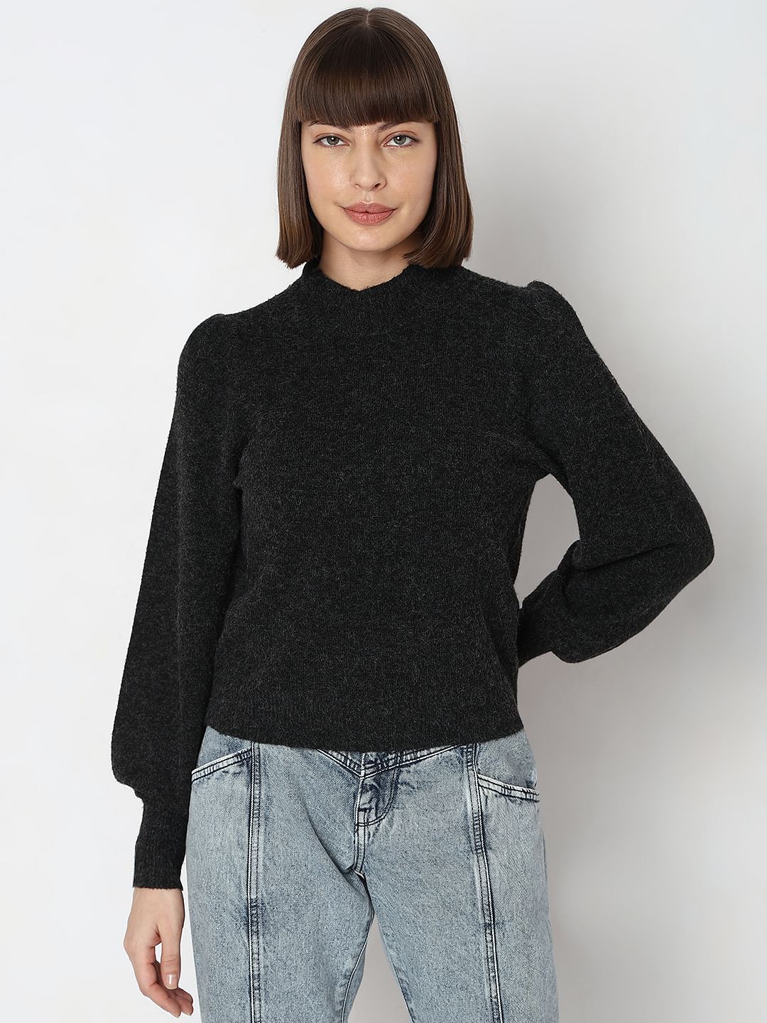 Black High Neck Melange Yarn Pullover
