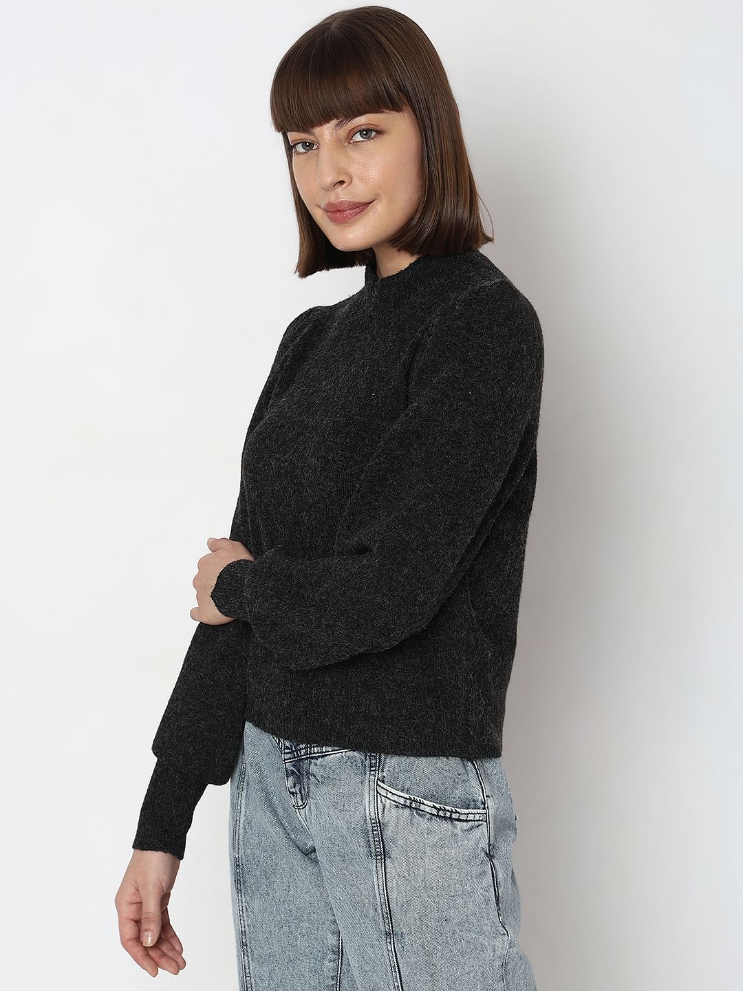 Black High Neck Melange Yarn Pullover