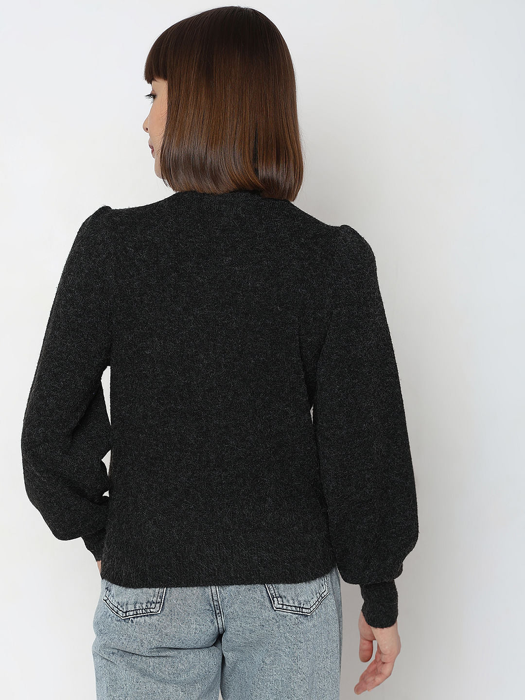Black High Neck Melange Yarn Pullover