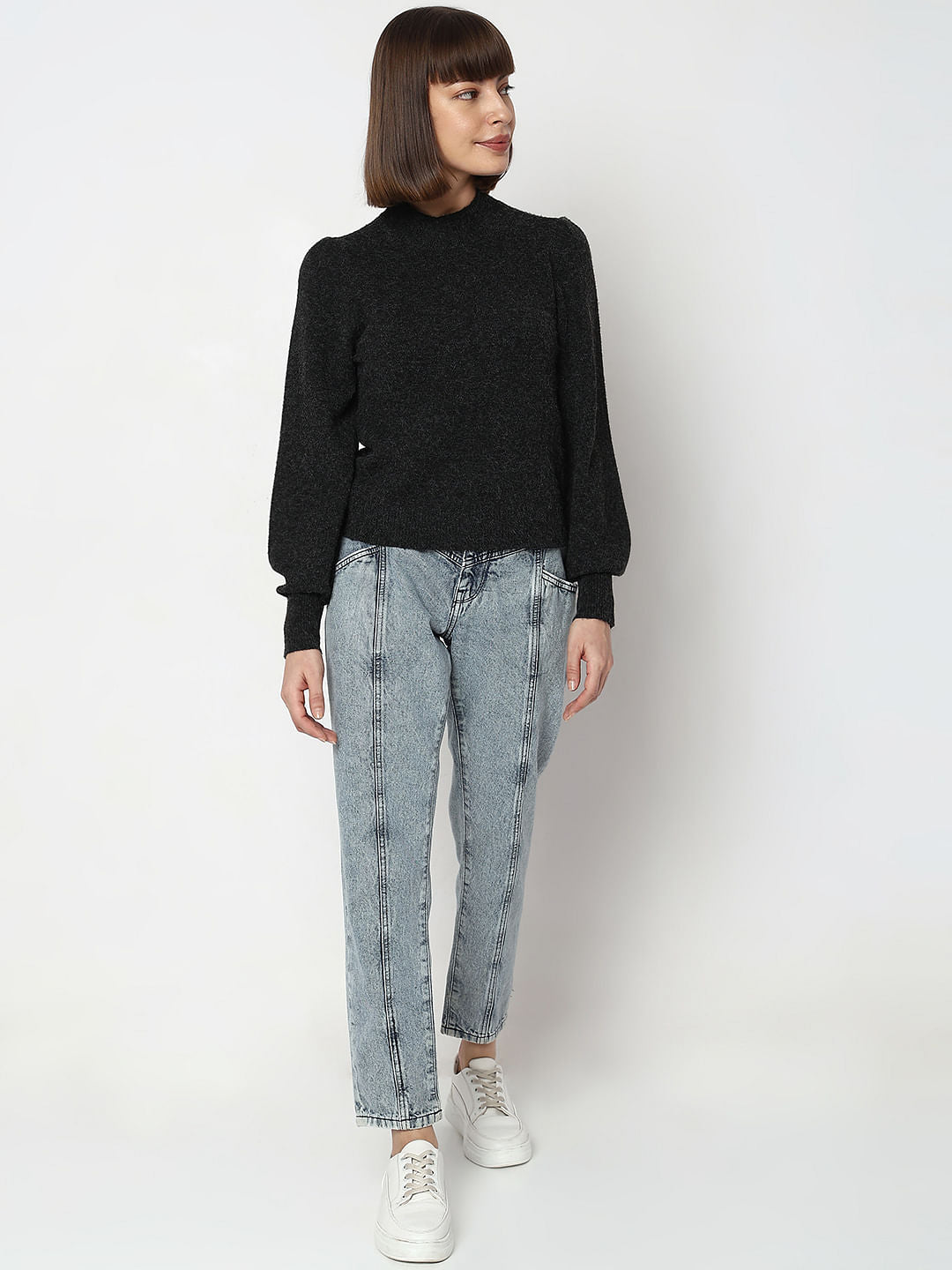 Black High Neck Melange Yarn Pullover