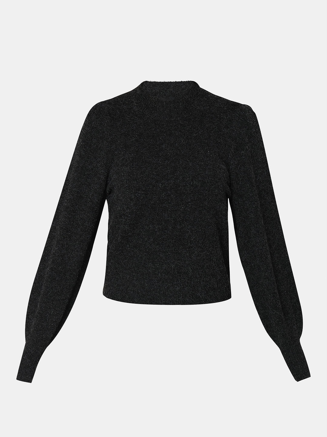 Black High Neck Melange Yarn Pullover