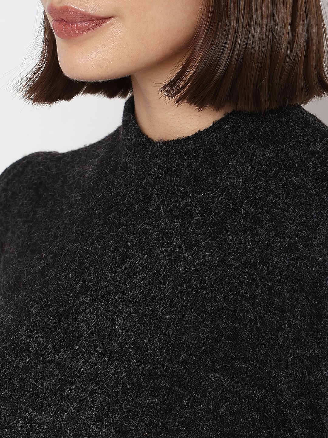 Black High Neck Melange Yarn Pullover