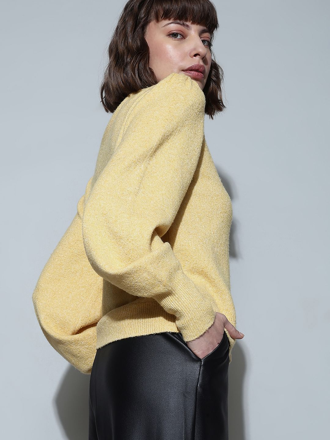 Yellow High Neck Melange Yarn Pullover