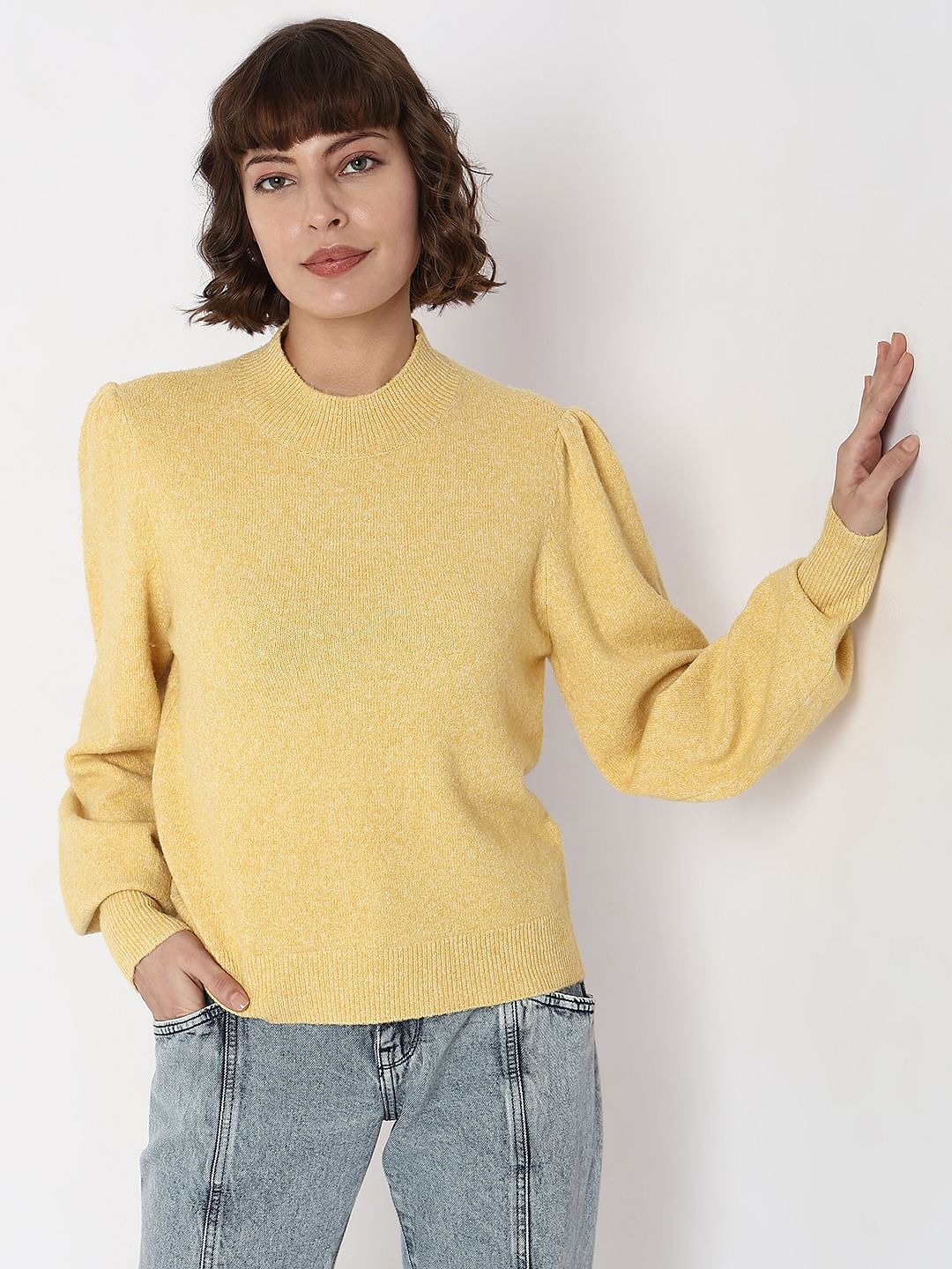 Yellow High Neck Melange Yarn Pullover