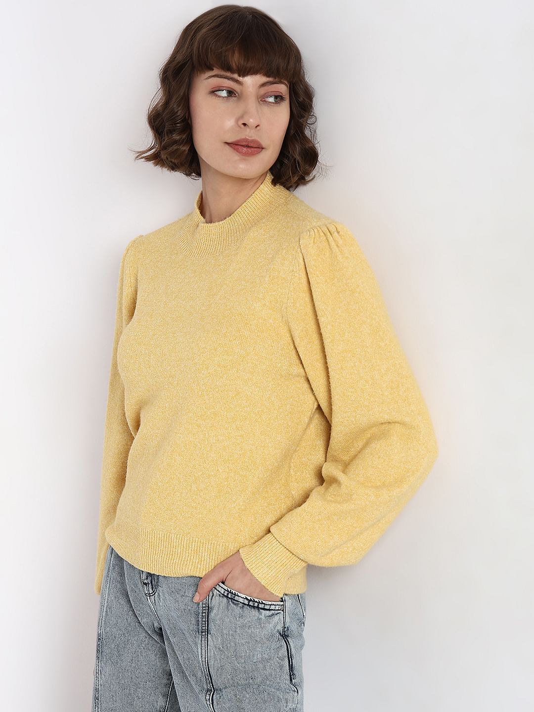 Yellow High Neck Melange Yarn Pullover