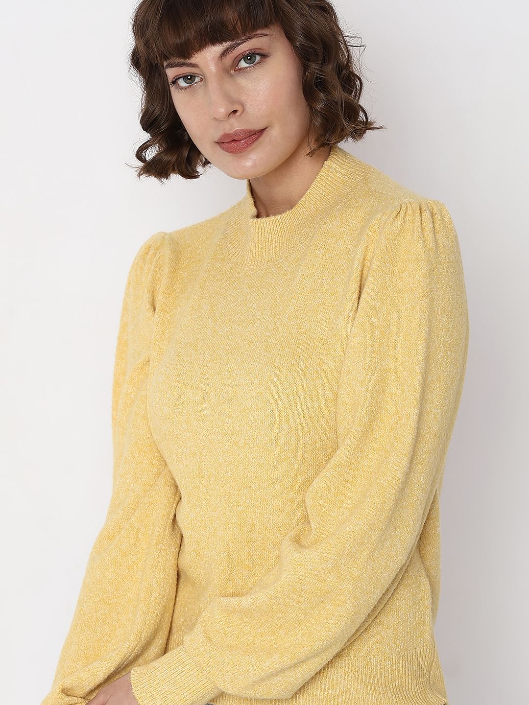 Yellow High Neck Melange Yarn Pullover