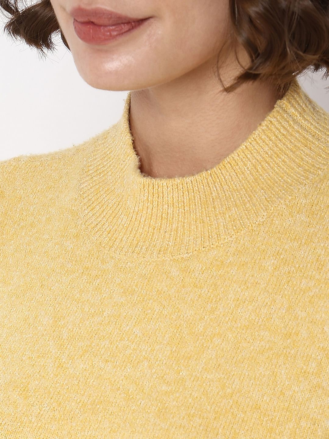 Yellow High Neck Melange Yarn Pullover