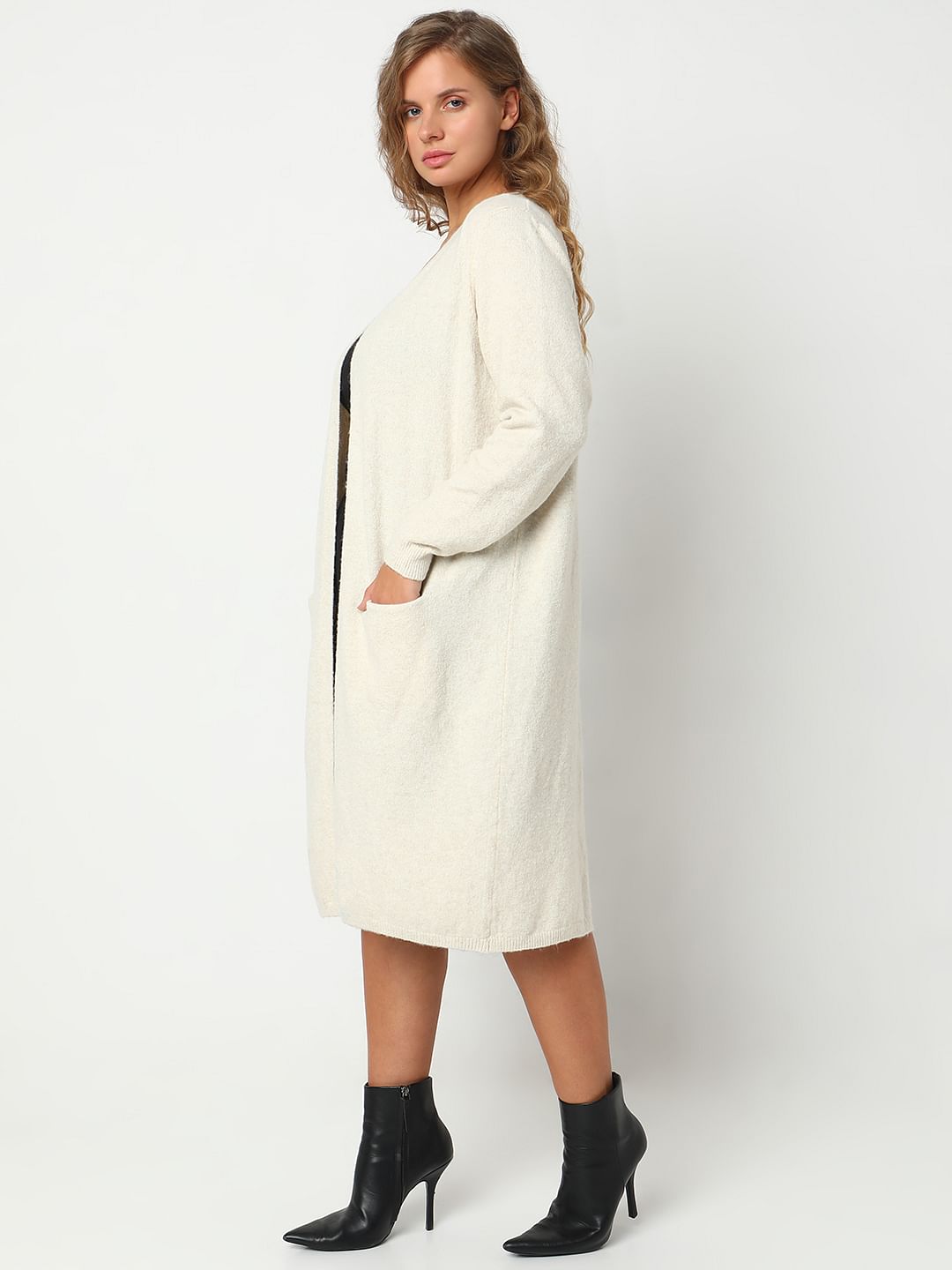 Curve Cream Full Sleeves Long Cardigan