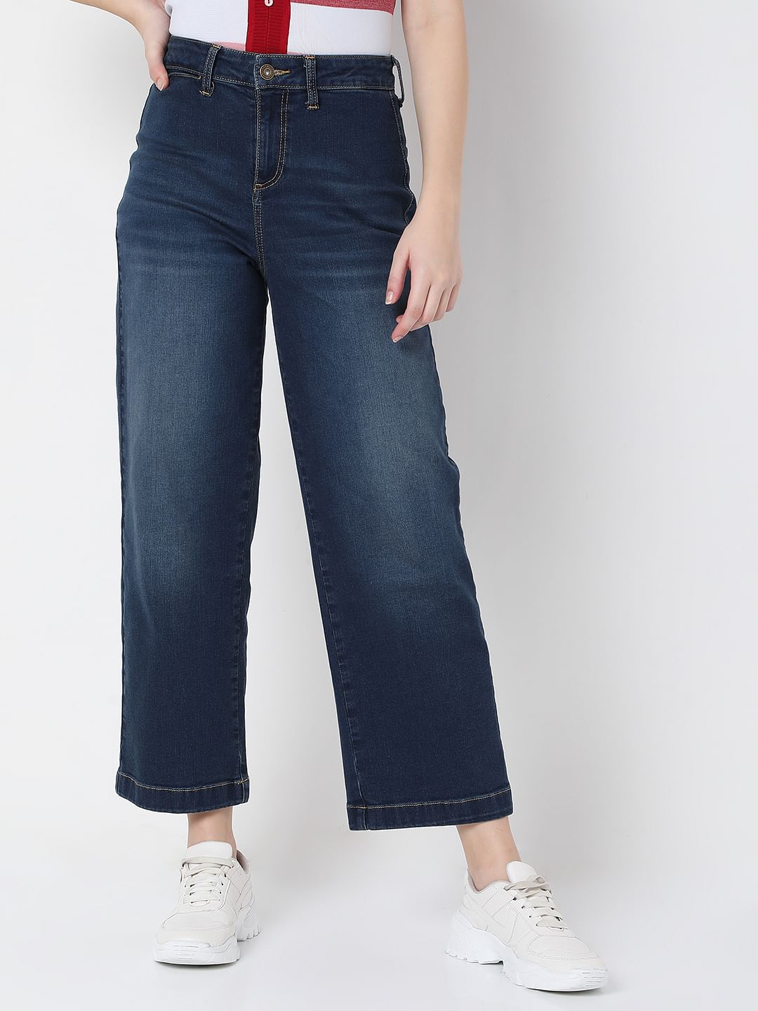 Blue Mid Rise Wide Leg Jeans