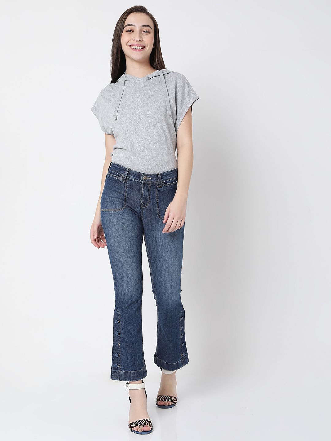 Blue Mid Rise Washed Petra Bootcut Jeans