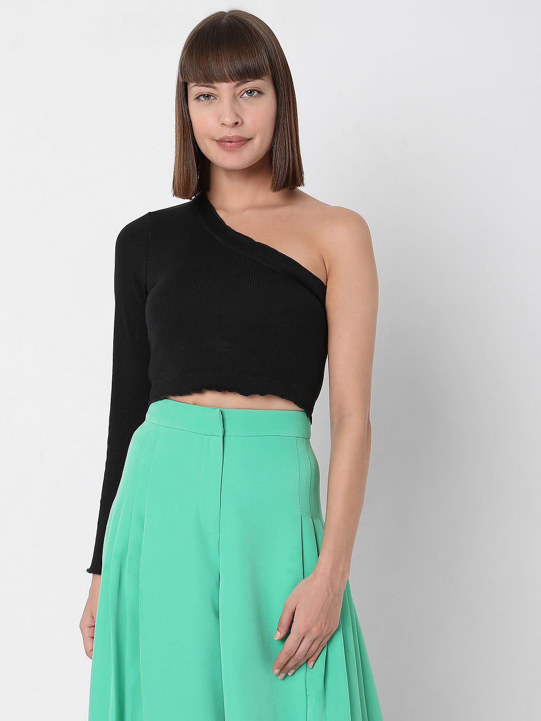 Black Ribbed One Shoulder Top