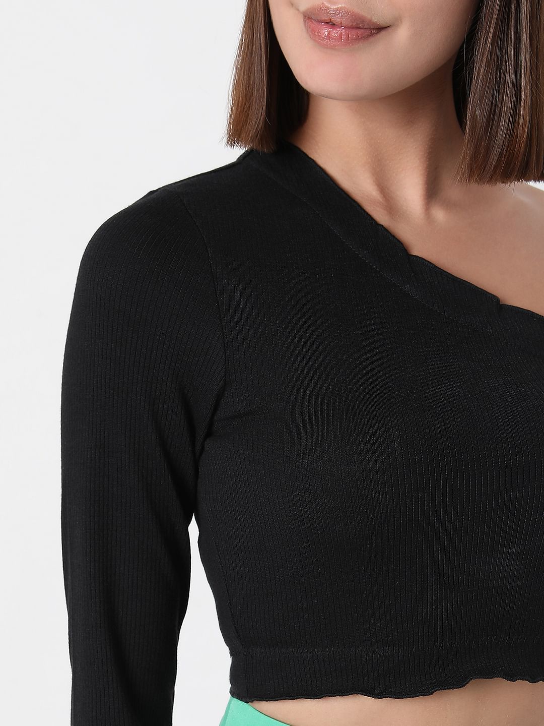 Black Ribbed One Shoulder Top