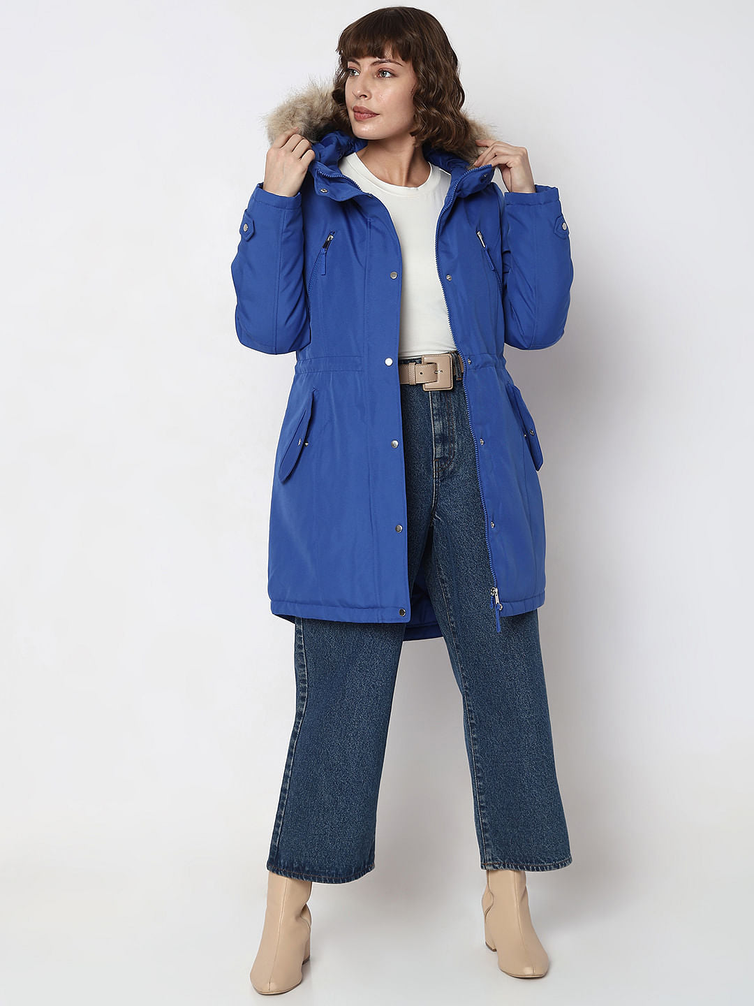 Blue Fur Hooded Parka Jacket