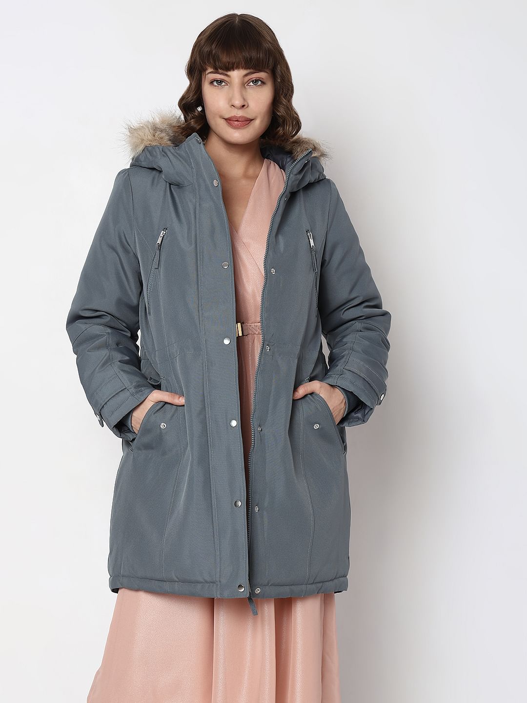 Grey Fur Hooded Parka Jacket