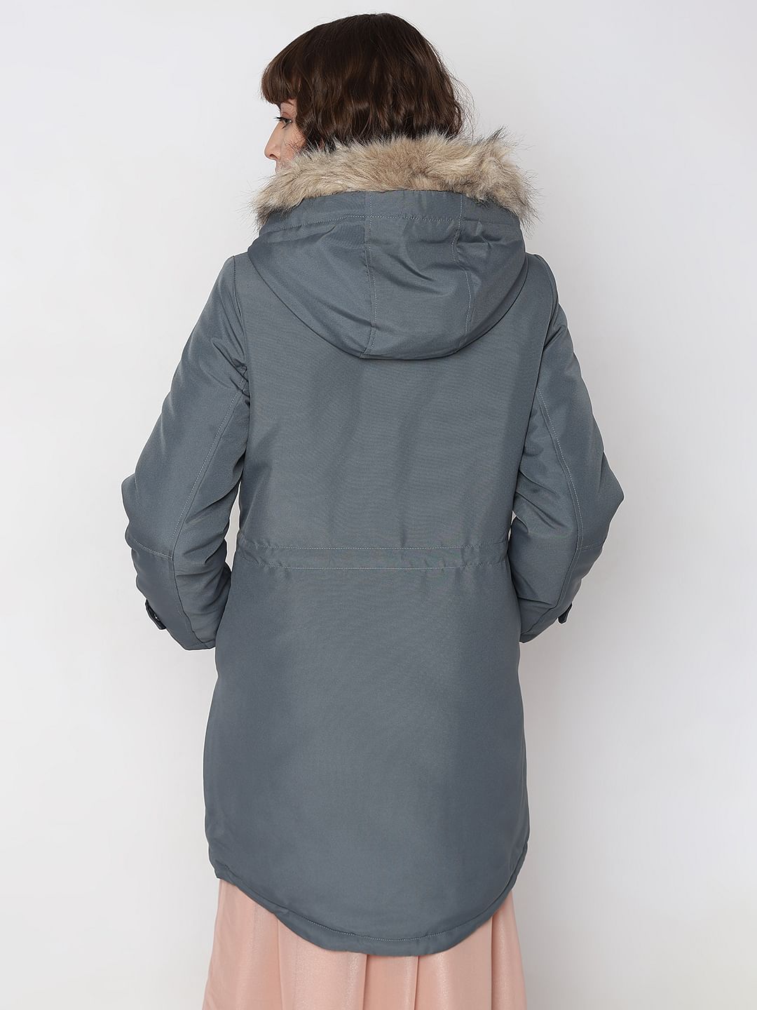 Grey Fur Hooded Parka Jacket
