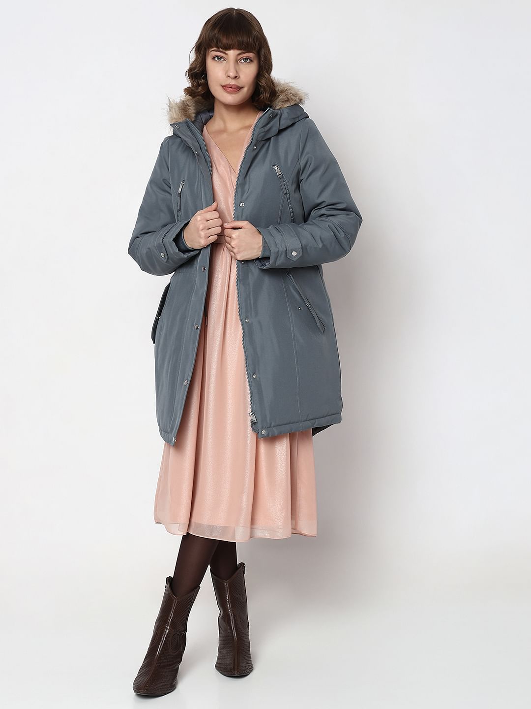 Grey Fur Hooded Parka Jacket