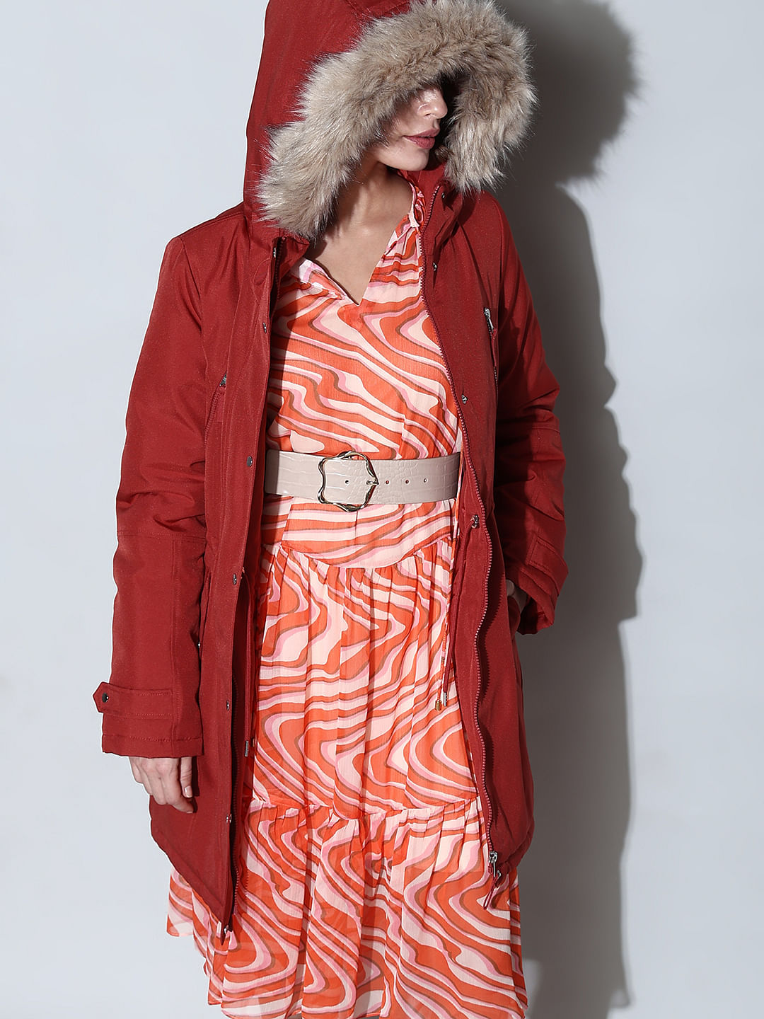 Red Fur Hooded Parka Jacket