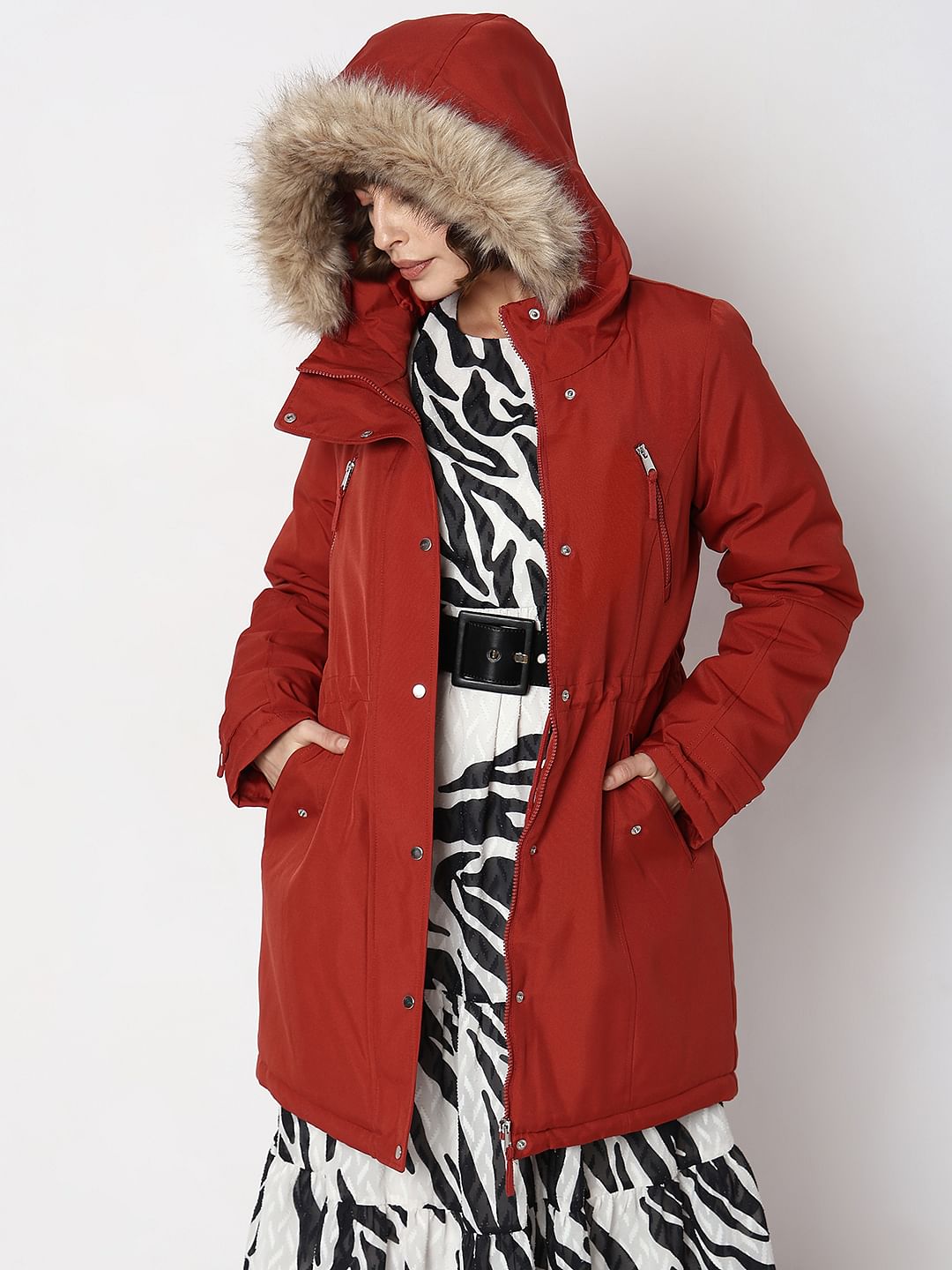 Red Fur Hooded Parka Jacket