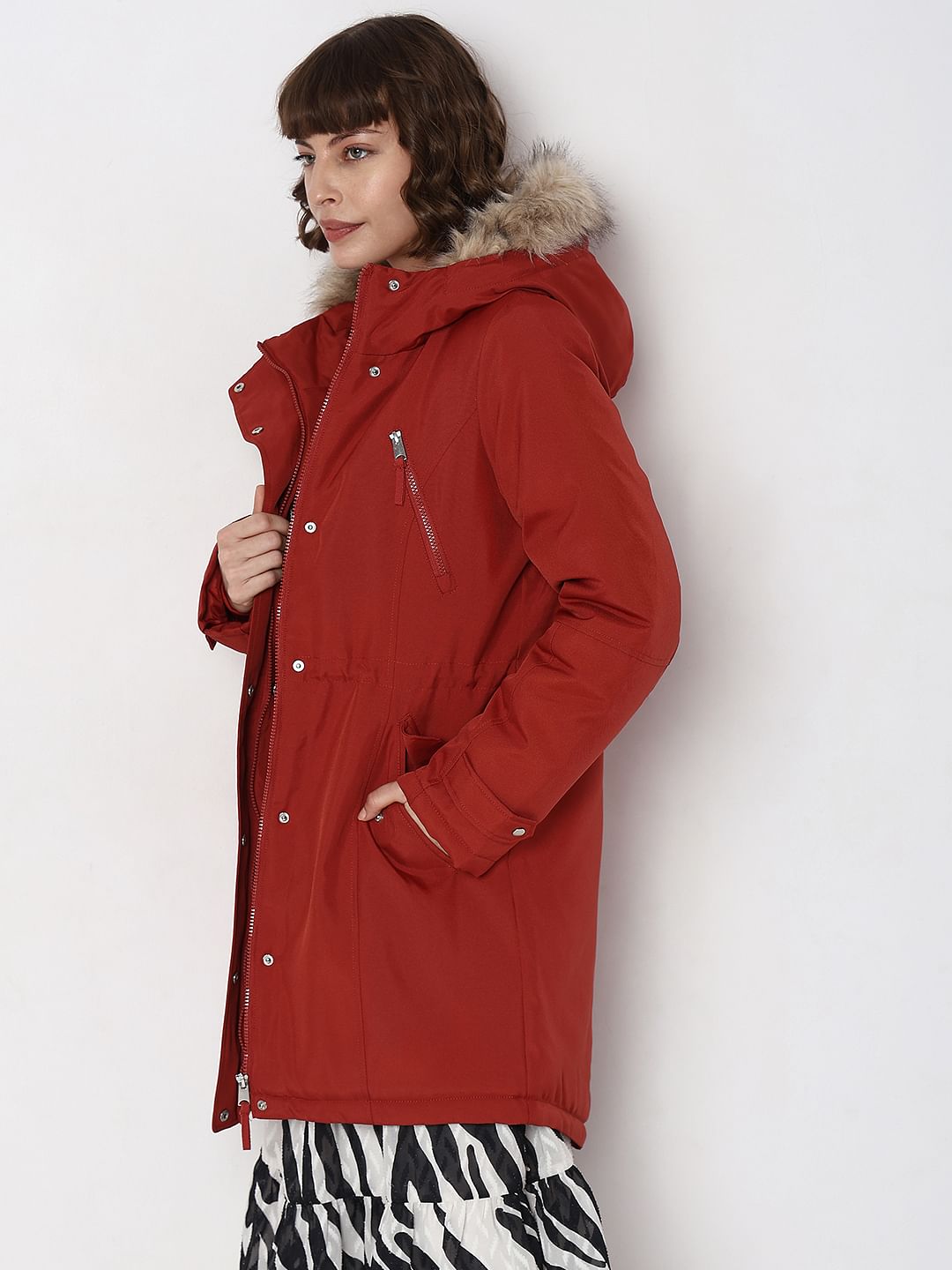 Red Fur Hooded Parka Jacket