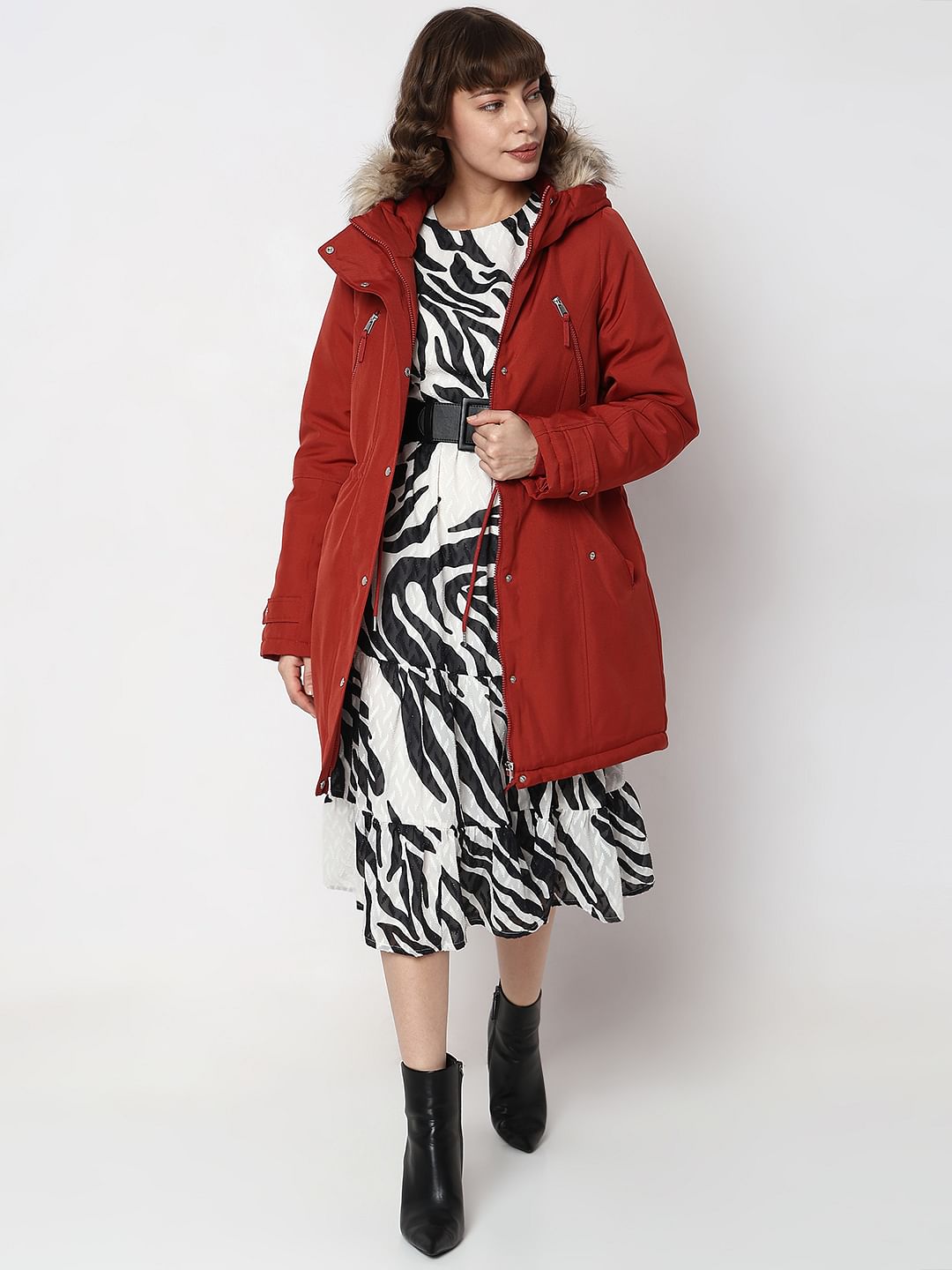 Red Fur Hooded Parka Jacket