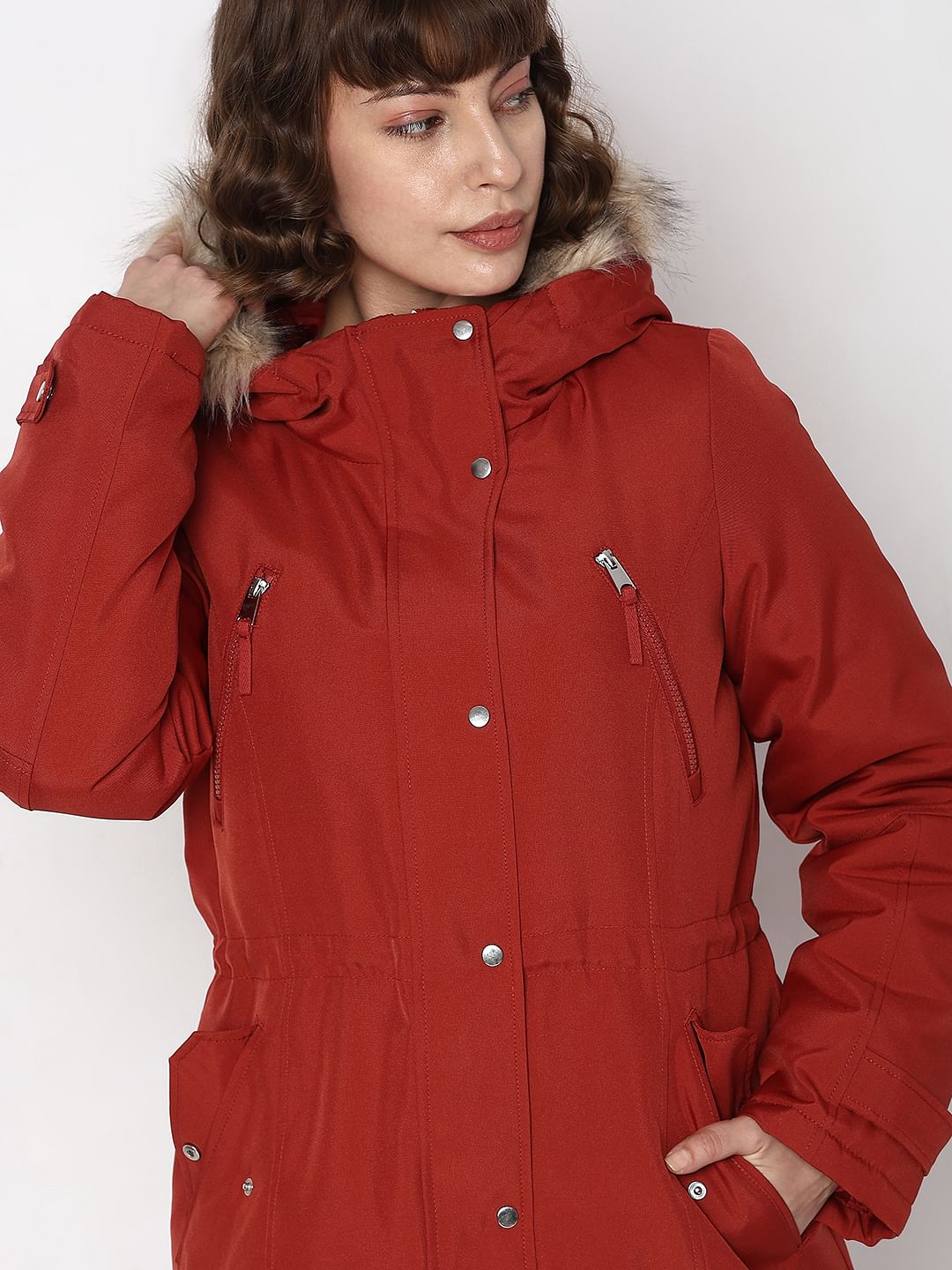 Red Fur Hooded Parka Jacket