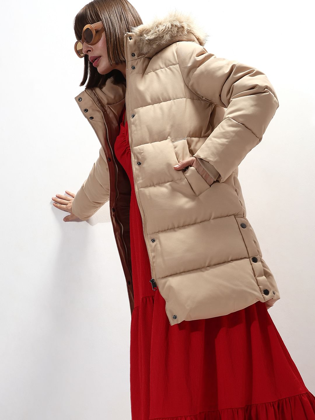 Beige Faux Fur Hood Puffer Coat
