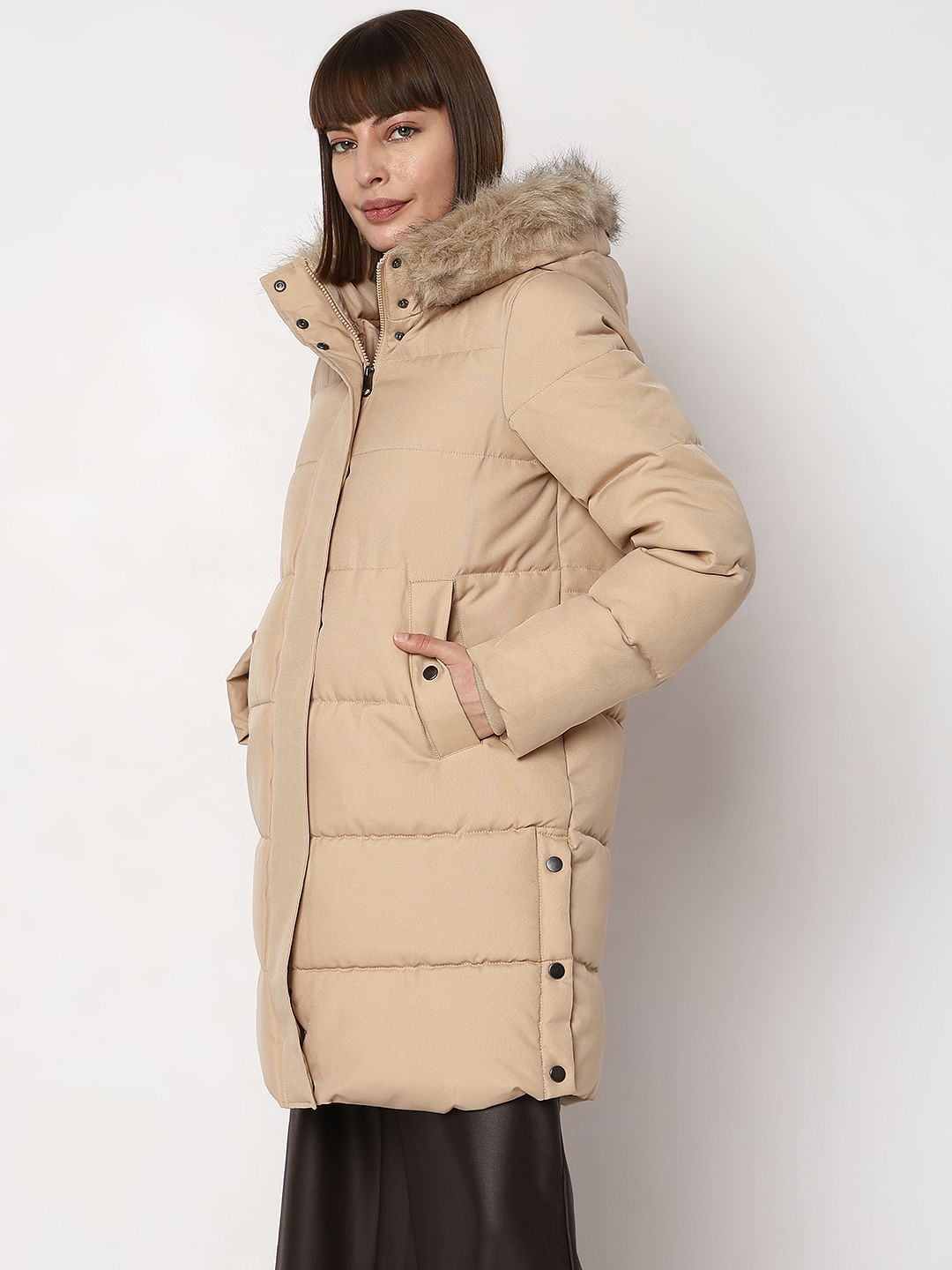 Beige Faux Fur Hood Puffer Coat