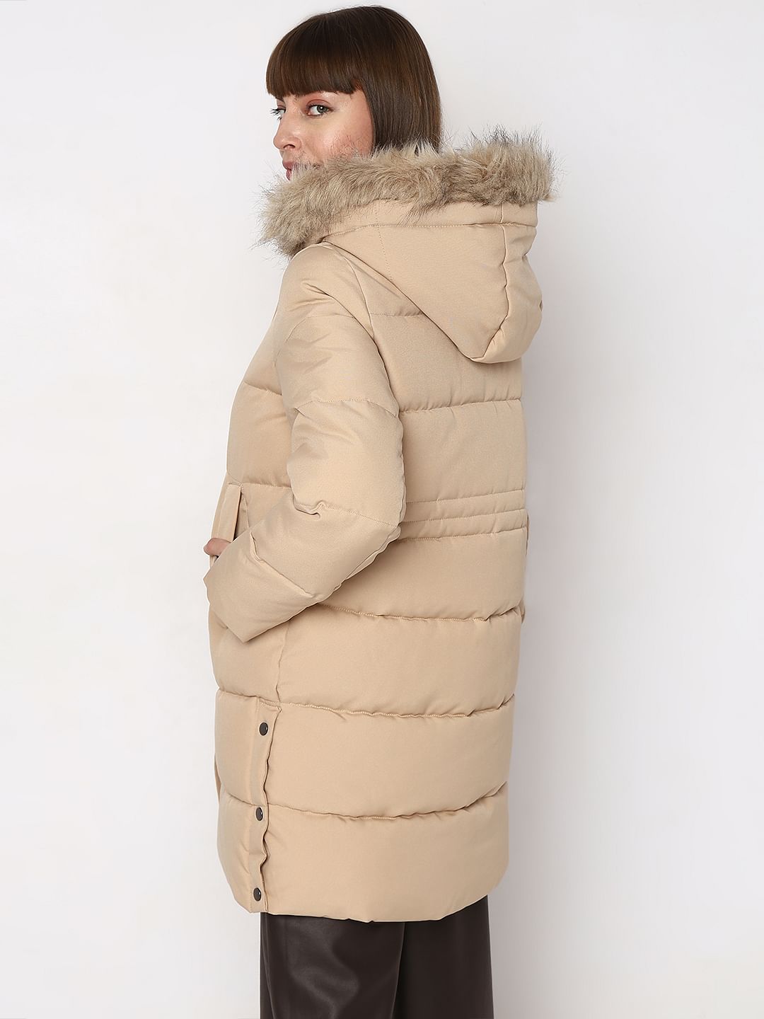 Beige Faux Fur Hood Puffer Coat