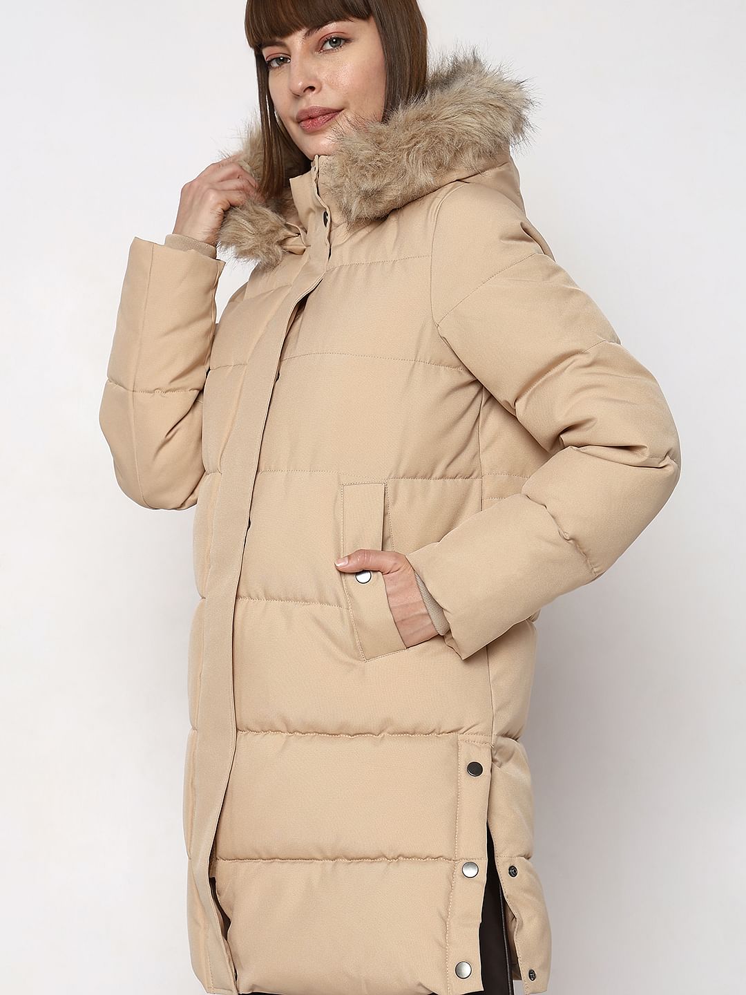 Beige Faux Fur Hood Puffer Coat