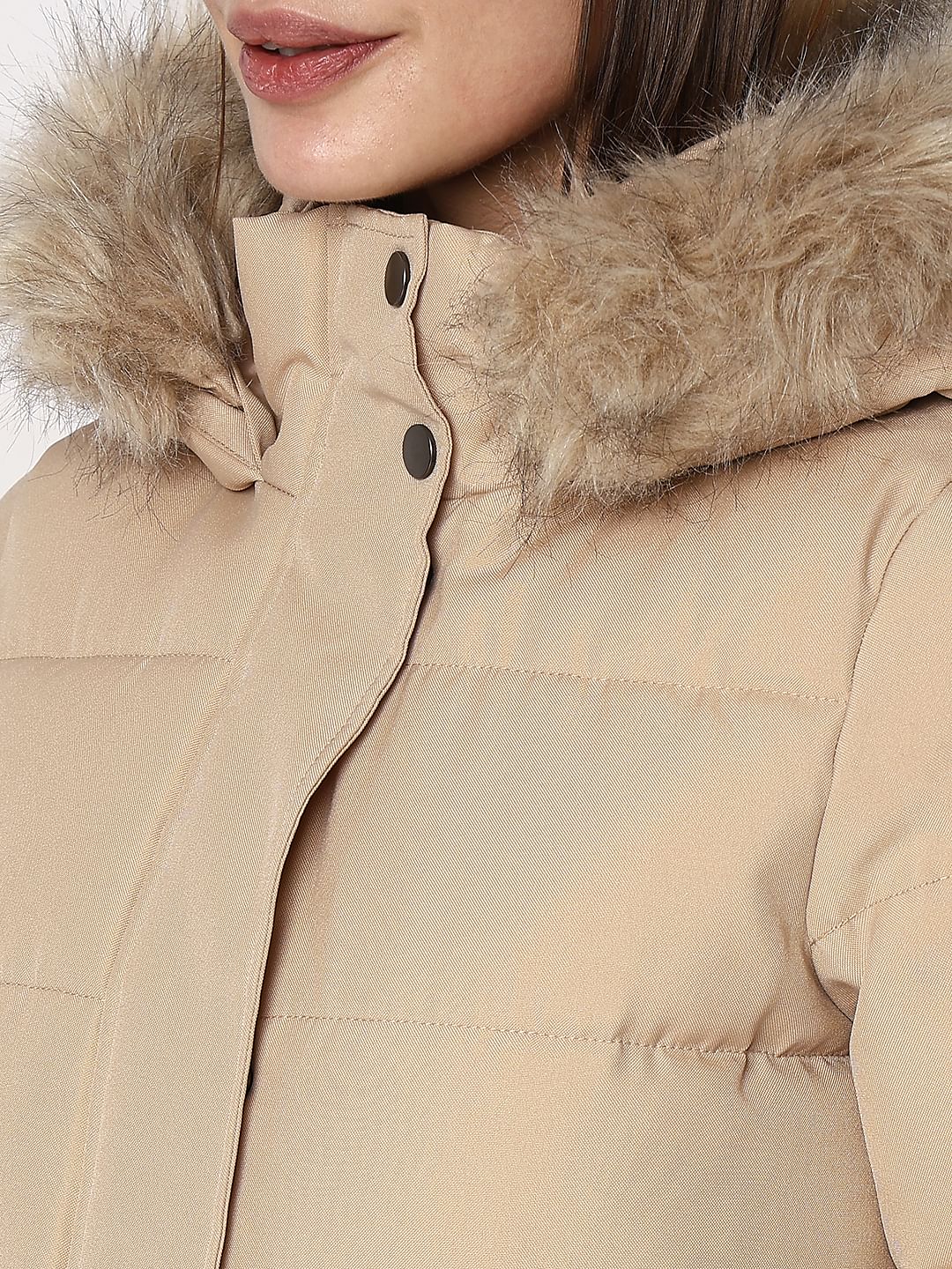 Beige Faux Fur Hood Puffer Coat